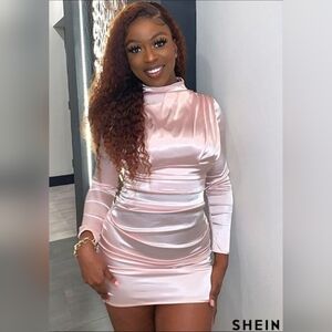 Shein Mock Neck Ruched Detail Satin Dress in Baby Pink